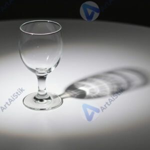 Стеклянный бокал отбрасывает сложную тень и блики на столе.