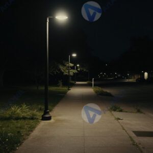 Уличный фонарь ночью освещает участок тротуара