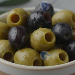 Зелёные и чёрные оливки в керамической пиале.