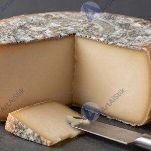 Головка сыра с разрезанным клином и ножом.