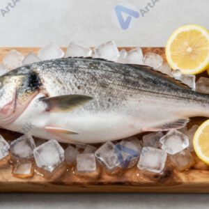 Целая рыба на деревянной доске со льдом и лимоном.