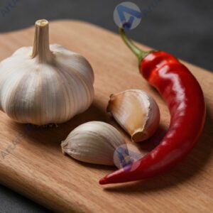 Чеснок и перец чили на деревянной доске.