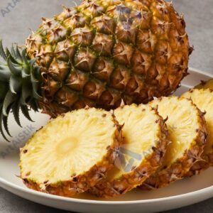 Цельный ананас и нарезанные дольки на тарелке.