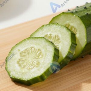 Свежий огурец нарезан кружочками на разделочной доске.