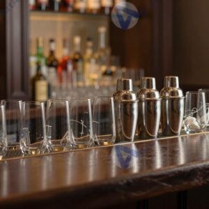 Барная стойка с аккуратно расставленными бокалами и шейкером.