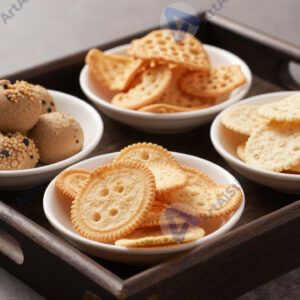 Поднос с разными закусками и маленькими тарелками.