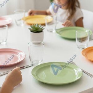 Сервировка детского стола с яркими тарелками и стаканами.