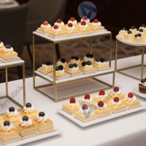 Стол с несколькими уровнями подносов для десертов.