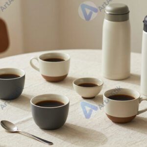 Стол кофебрейка с стаканчиками и термосами на скатерти.