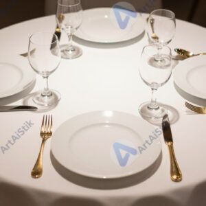 Круглый стол с белыми тарелками и золотыми приборами.