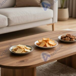 Низкий журнальный столик с небольшими тарелками закусок.