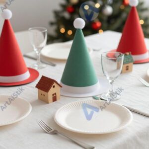 Детский праздничный стол с бумажными тарелками и колпаками.