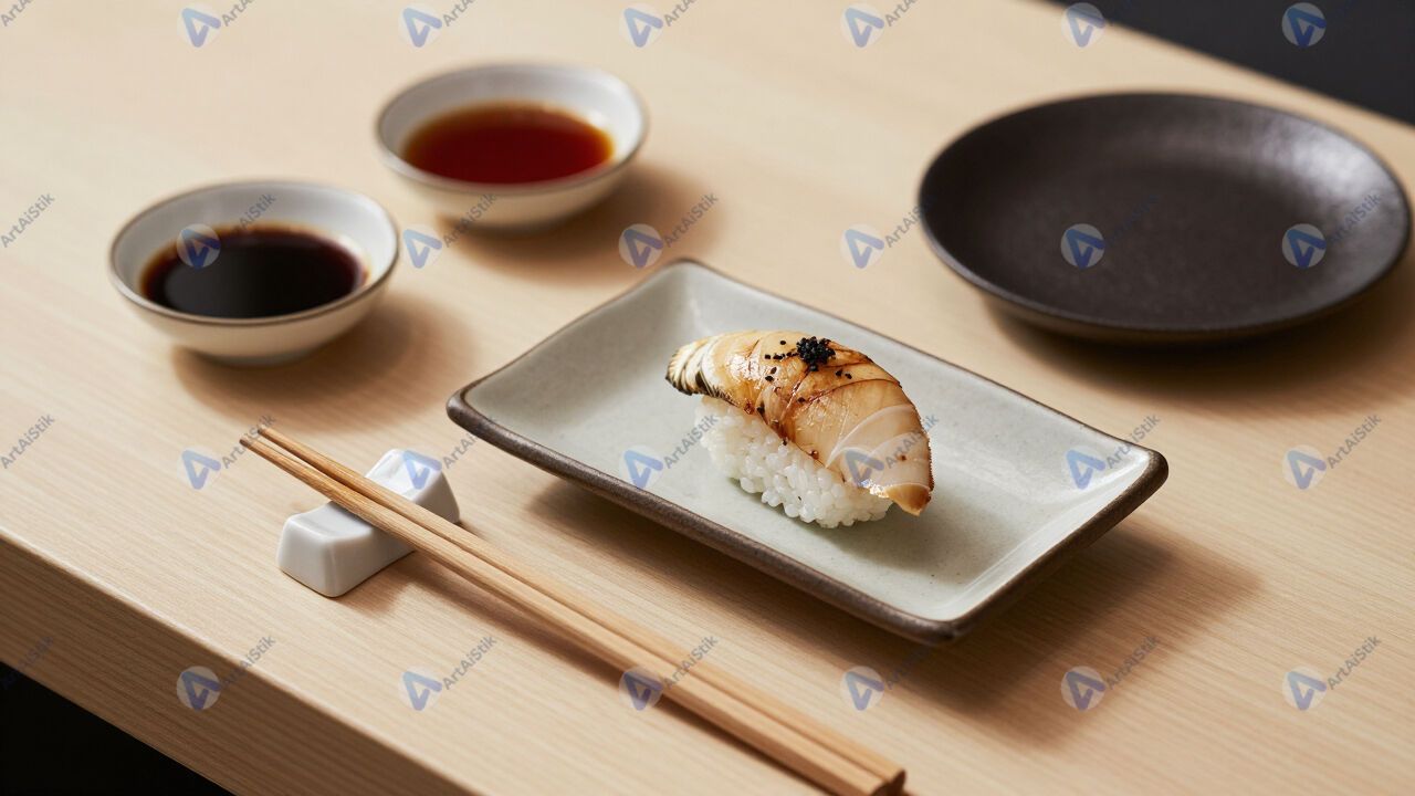 Стол для суши с палочками, соусниками и керамическими тарелками. Стол для суши с палочками