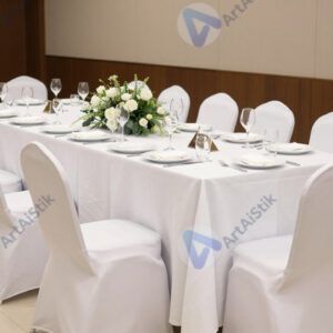 Длинный банкетный стол с белыми чехлами на стульях.