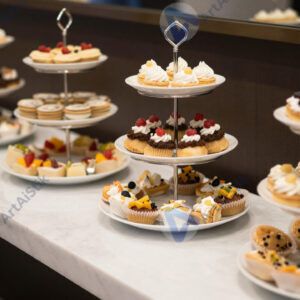 Фуршетный стол с многоярусной подставкой для закусок.