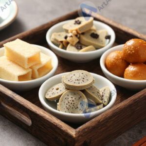 Деревянный поднос с маленькими тарелками‑мисками для закусок.