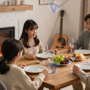 Стол у камина с тарелками и приборами для семейного ужина.