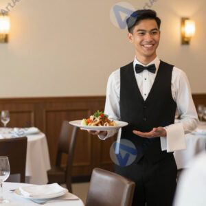 Официант несёт блюдо в зал.