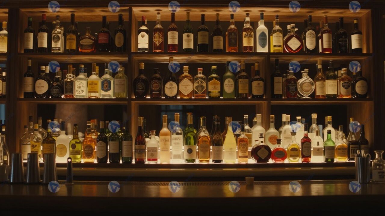 Бар с полками, заставленными бутылками, тёплый свет. Бар с полками