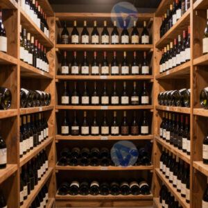 Небольшой винный погреб с рядами бутылок и деревянными полками.