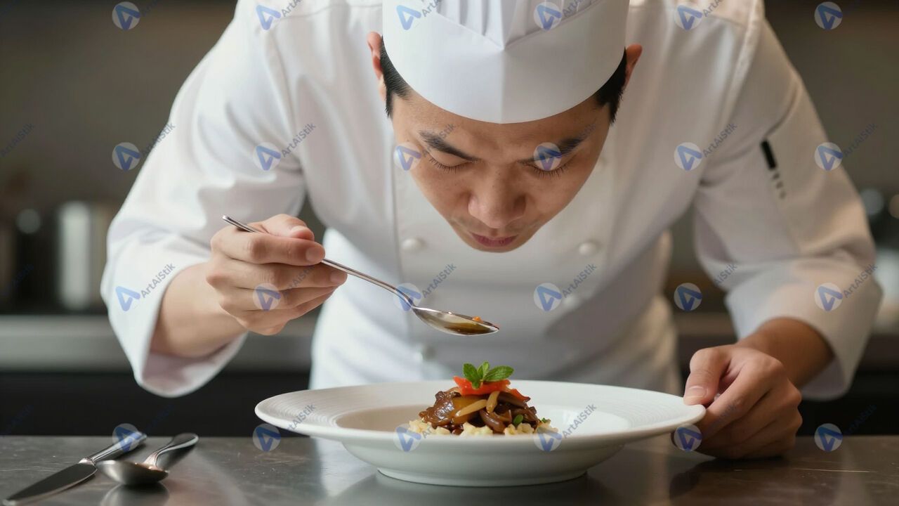 Шеф‑повар дегустирует блюдо с ложки перед подачей. Шеф‑повар дегустирует блюдо с ложки перед подачей.
