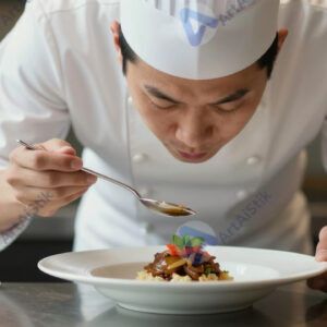 Шеф‑повар дегустирует блюдо с ложки перед подачей.