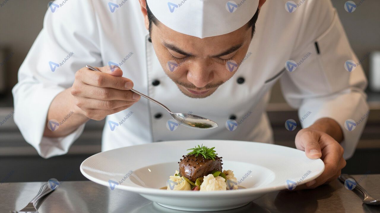 Шеф‑повар дегустирует блюдо с ложки перед подачей. Шеф‑повар дегустирует блюдо с ложки перед подачей.