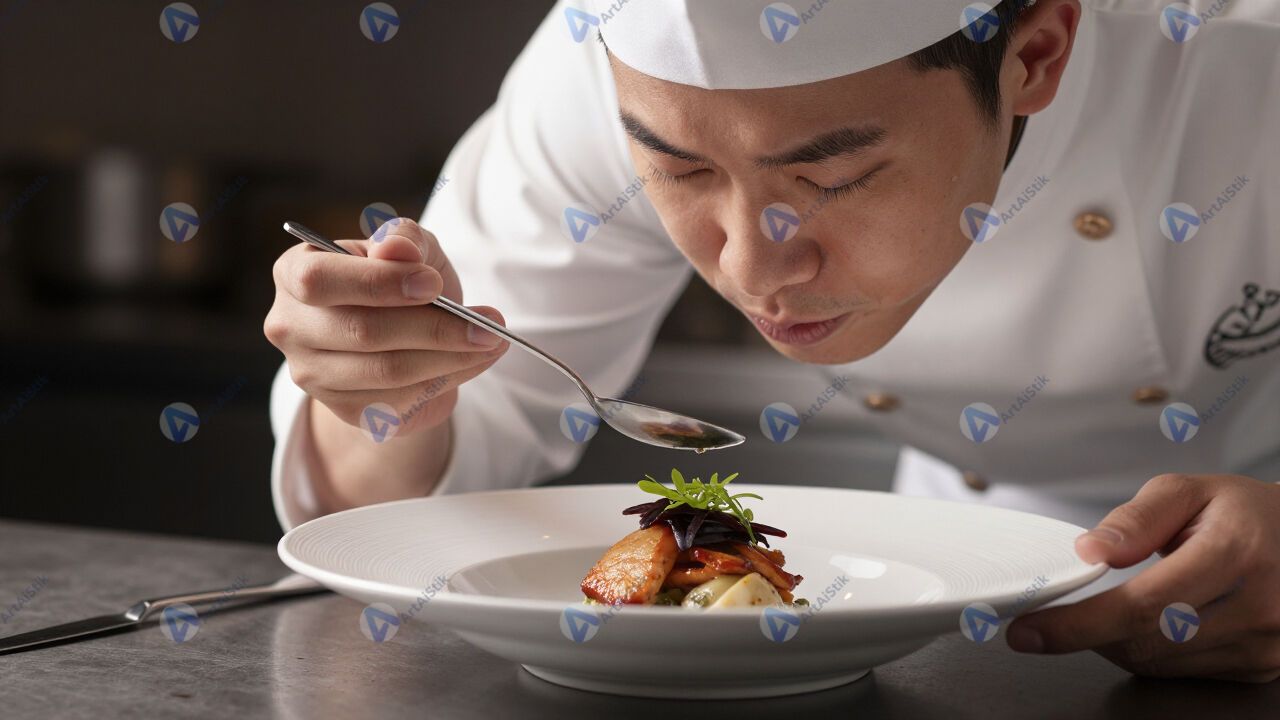 Шеф‑повар дегустирует блюдо с ложки перед подачей. Шеф‑повар дегустирует блюдо с ложки перед подачей.