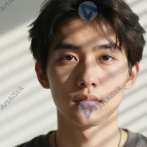 Свет от жалюзи создаёт полосатую тень на лице человека.