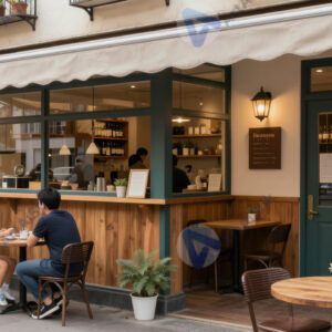 Интерьер маленького семейного бистро с открытой барной зоной.