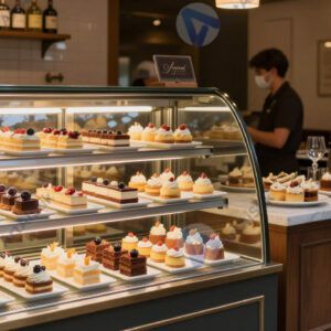 Витрина у входа в ресторан с образцами десертов.