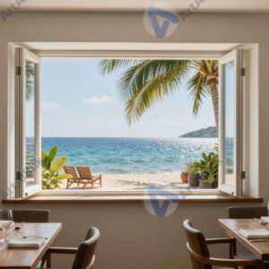 Ресторанный зал с открытой стеной‑окном на летнюю террасу.