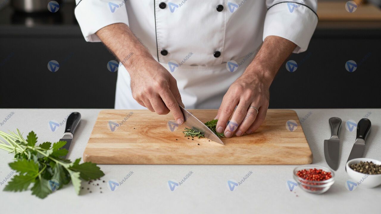 Небольшой стол шефа с травами, специями и ножами. Небольшой стол шефа с травами