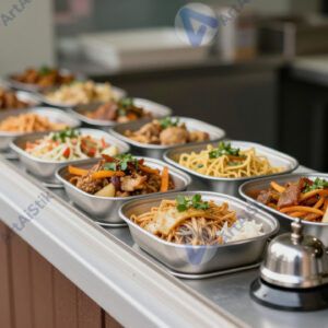 Стойка самовывоза с рядами готовых блюд и колокольчиком.