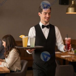 Официант разносит подносы с напитками по залу. Официант разносит подносы с напитками по залу.