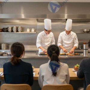 Гости сидят за открытой кухней, наблюдая за работой поваров. Гости сидят за открытой кухней