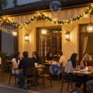 Веранду ресторана освещают гирлянды