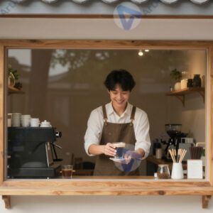 Небольшое уличное кафе‑окошко, бариста подаёт стакан кофе. Небольшое уличное кафе‑окошко