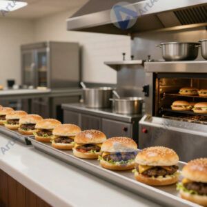 Кухня фастфуда, линия сборки бургеров и жаровни. Кухня фастфуда