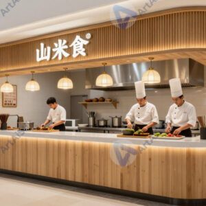 Ресторан открытой кухни в торговом центре, стойка и повара. Ресторан открытой кухни в торговом центре