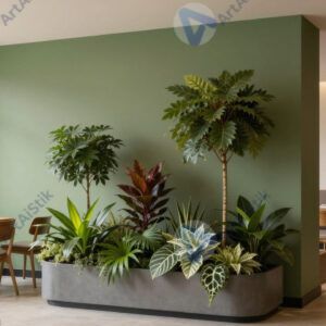 Уголок с живыми растениями в зале ресторана, зелёный акцент. Уголок с живыми растениями в зале ресторана