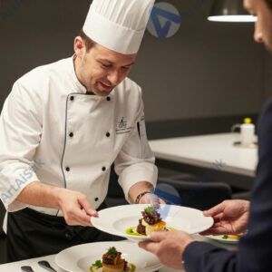 Шеф показывает готовое блюдо официанту перед выносом. Шеф показывает готовое блюдо официанту перед выносом.