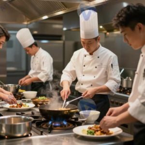 Кухня ресторана во время пика, несколько поваров у плиты. Кухня ресторана во время пика