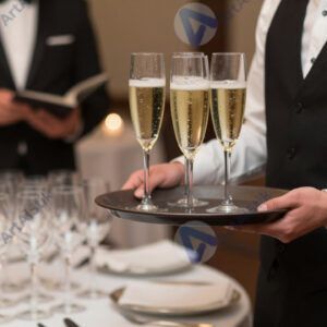 Официант подаёт шампанское на приёме, поднос с бокалами. Официант подаёт шампанское на приёме