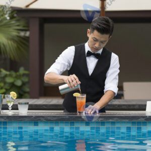 Барная стойка открытого бассейна при отеле, бармен смешивает напитки. Барная стойка открытого бассейна при отеле