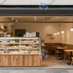 Небольшое кафе с открытой витриной и несколькими столами внутри. Небольшое кафе с открытой витриной и несколькими столами внутри.