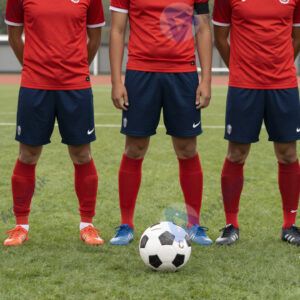 Футбольная команда стоит в линию перед матчем