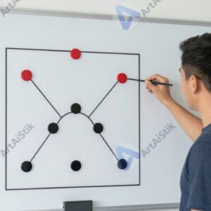 Тренер рисует тактическую схему на магнитной доске с фишками.