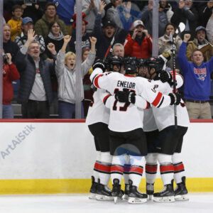 Игроки в хоккее празднуют гол у борта перед болельщиками.