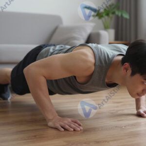 Человек отжимается на полу в домашней обстановке.